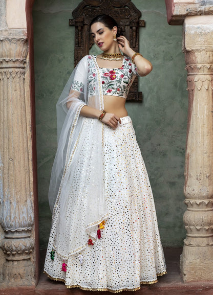 White georgette sequence work bridal lehenga choli