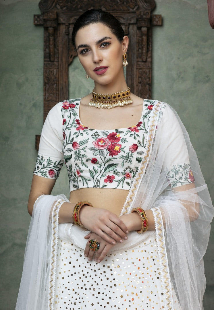 White georgette sequence work bridal lehenga choli
