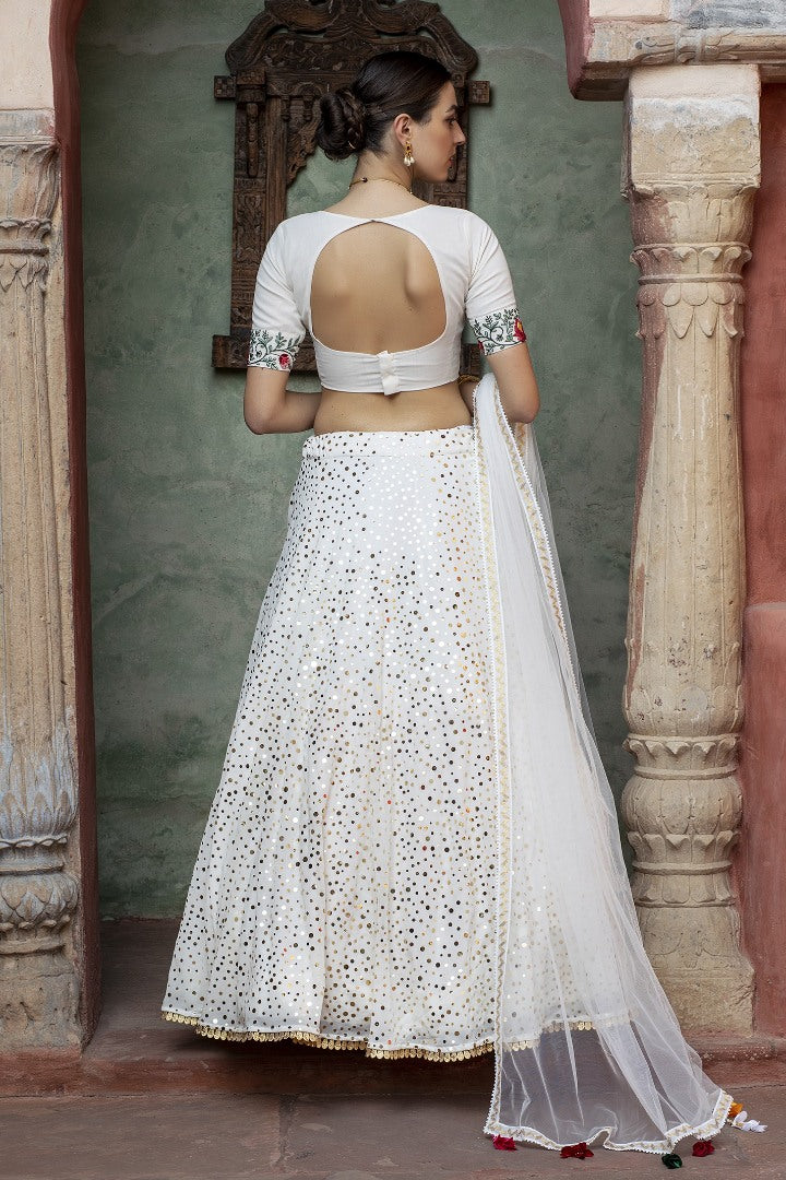 White georgette sequence work bridal lehenga choli