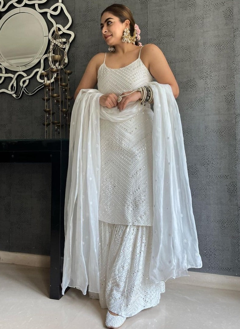 White georgette sequence work designer sharara suit