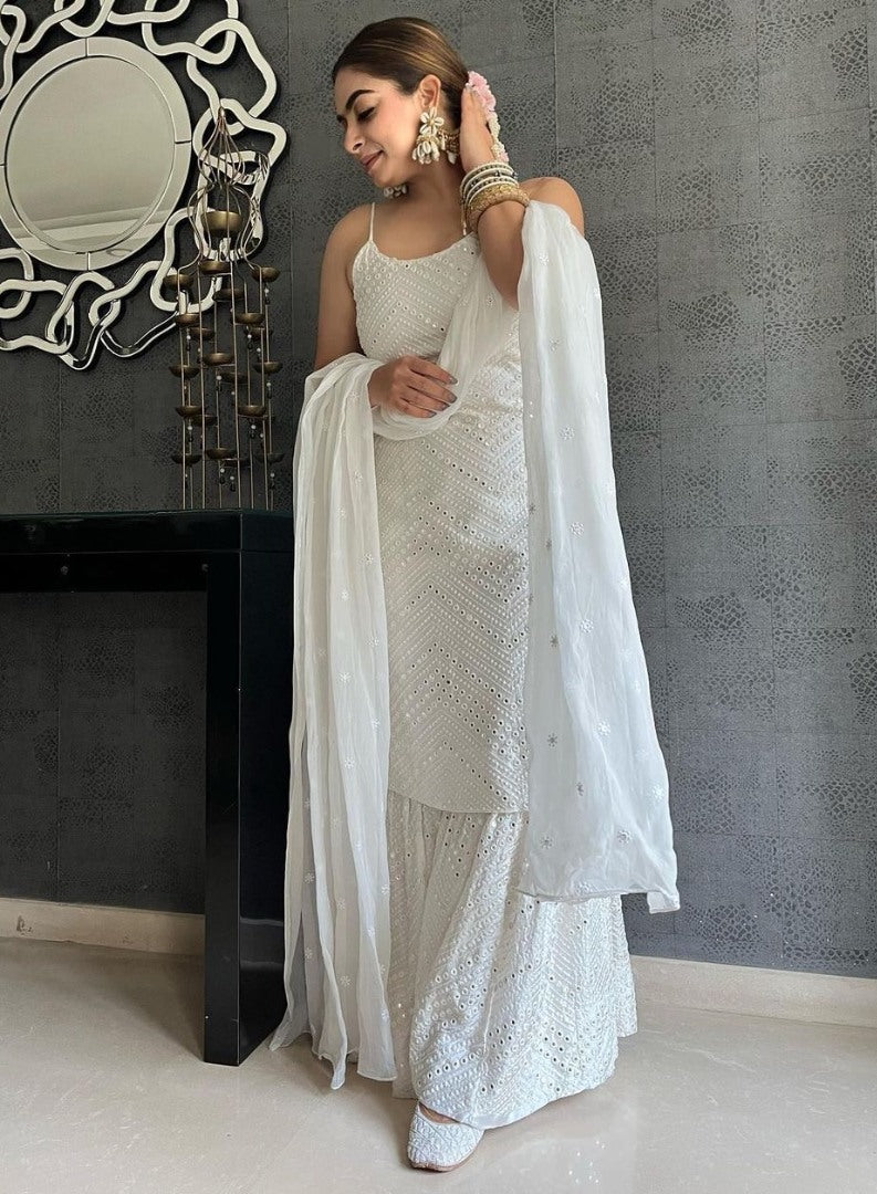 White georgette sequence work designer sharara suit