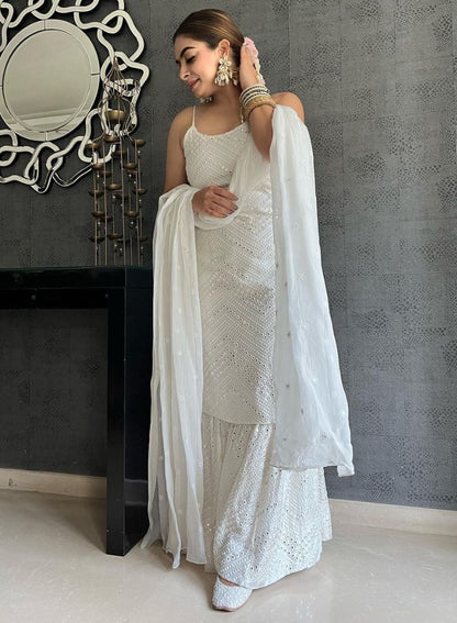 White georgette sequence work designer sharara suit
