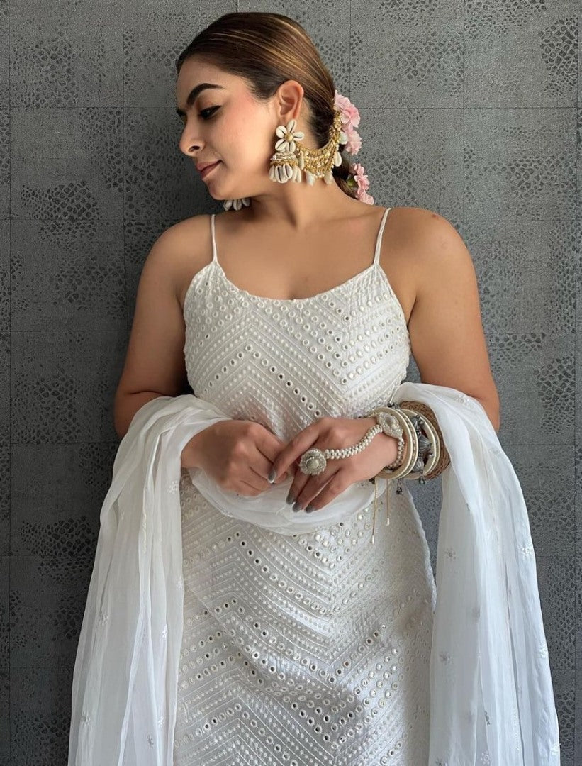 White georgette sequence work designer sharara suit