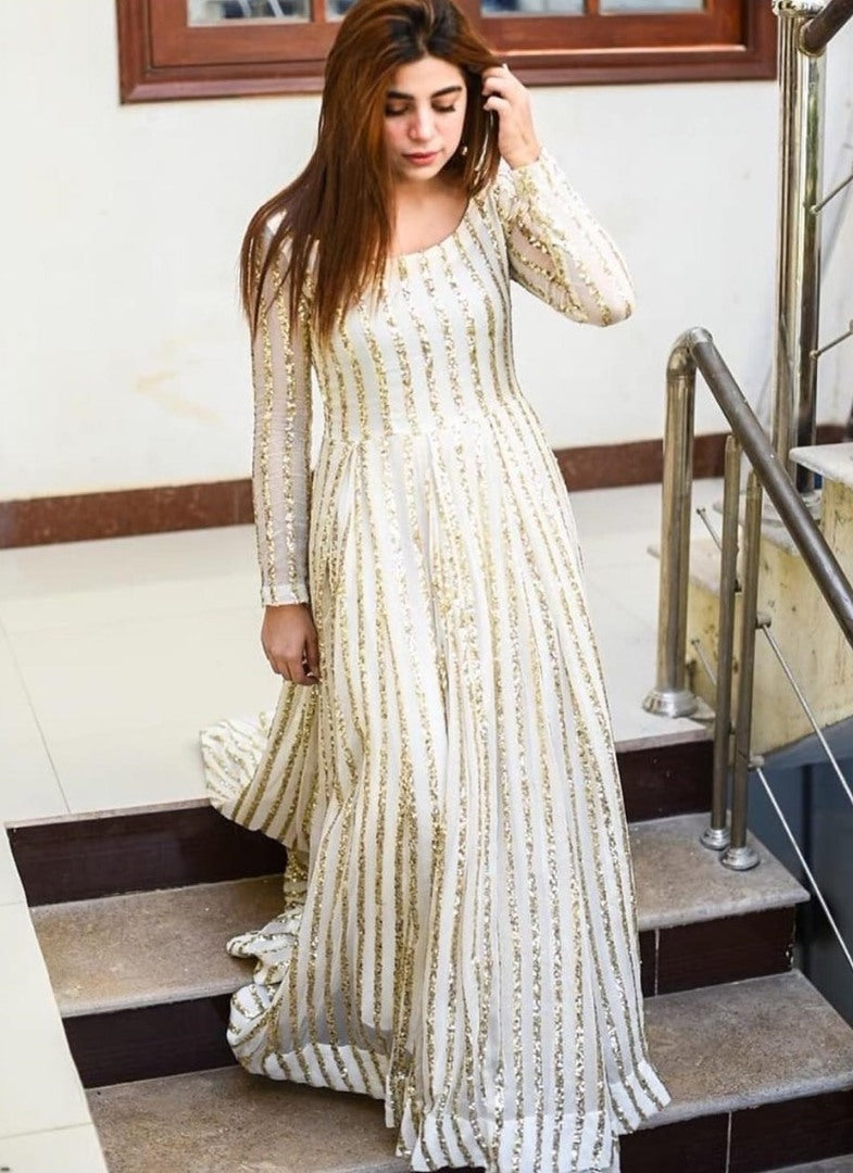 White georgette sequence work gown