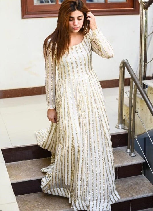 White georgette sequence work gown