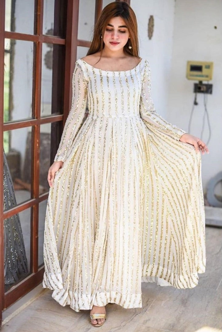 White georgette sequence work gown