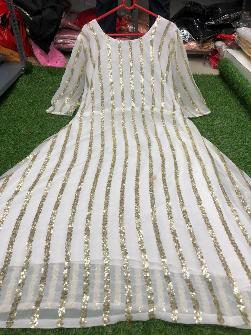 White georgette sequence work gown