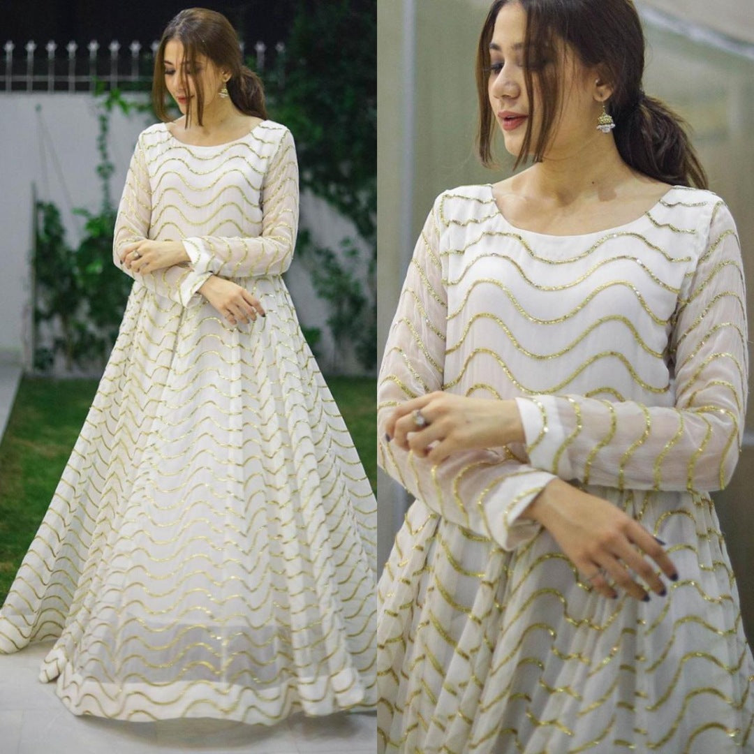 White georgette sequence work gown