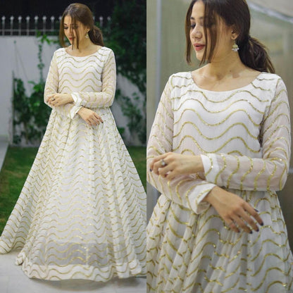 White georgette sequence work gown
