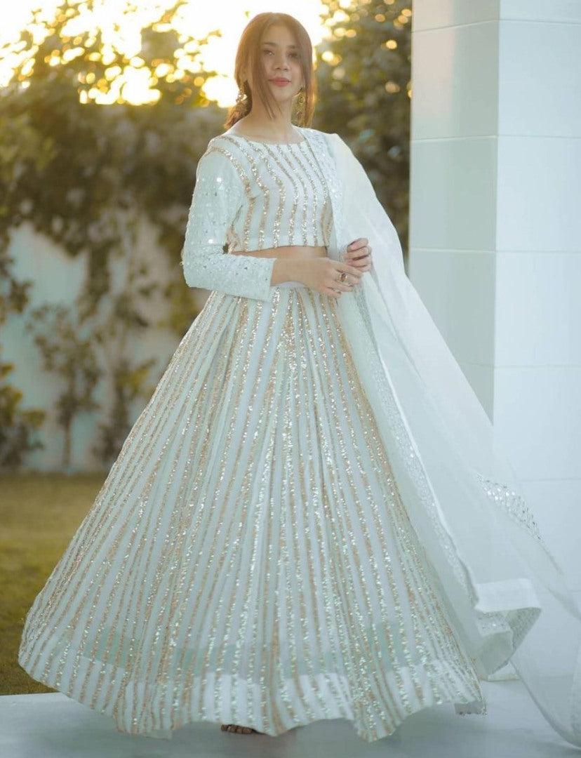 White georgette sequence work lehenga choli