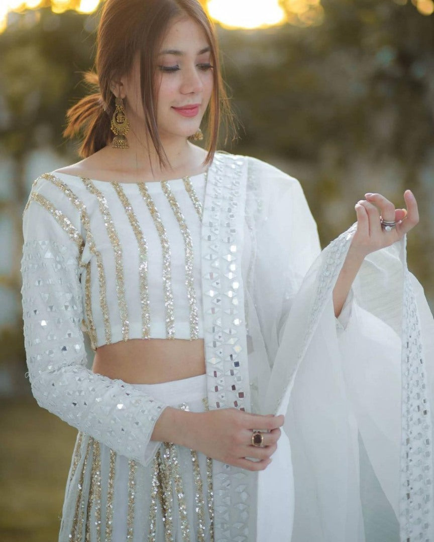 White georgette sequence work lehenga choli