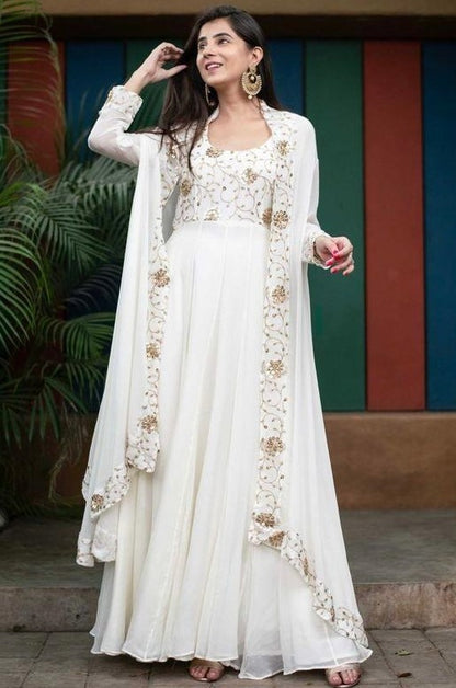 White georgette sequence work long anarkali suit