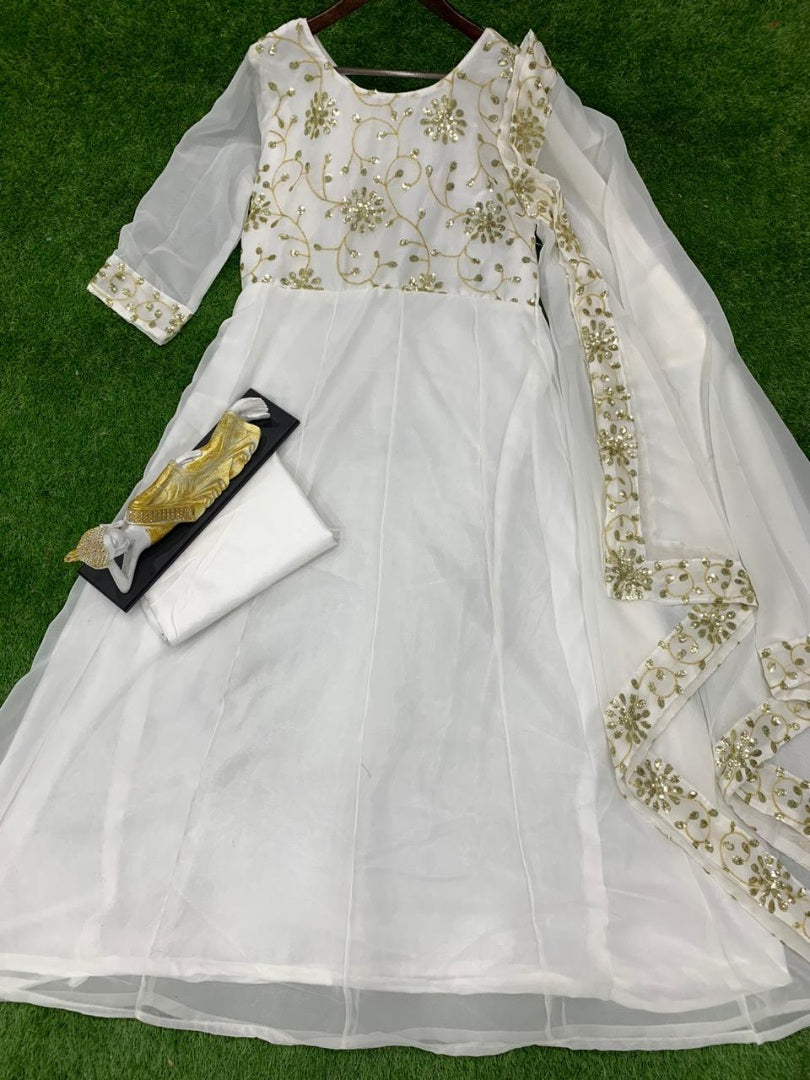 White georgette sequence work long anarkali suit