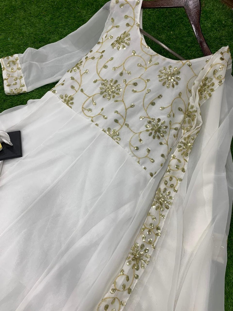 White georgette sequence work long anarkali suit
