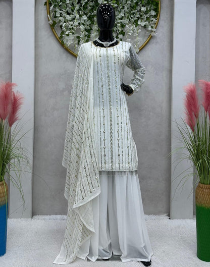 White georgette sequence work palazzo suit