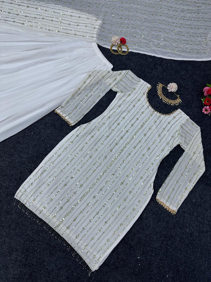 White georgette sequence work palazzo suit