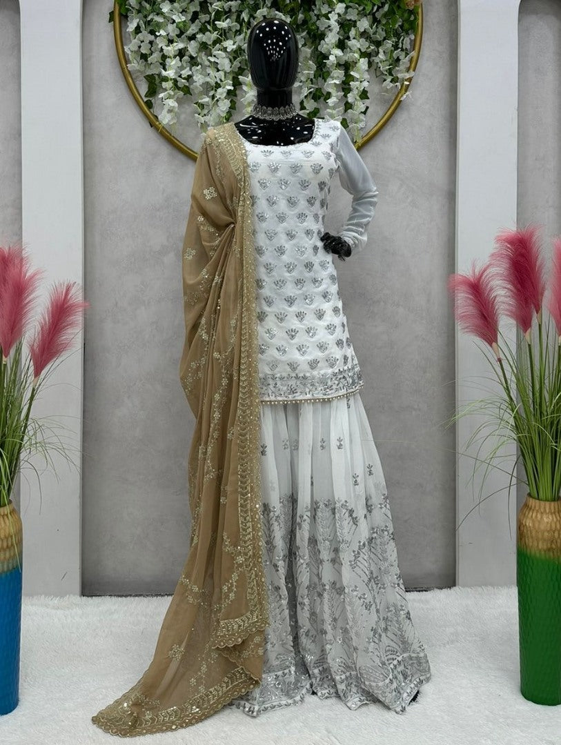 White georgette sharara suit