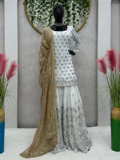 White georgette sharara suit