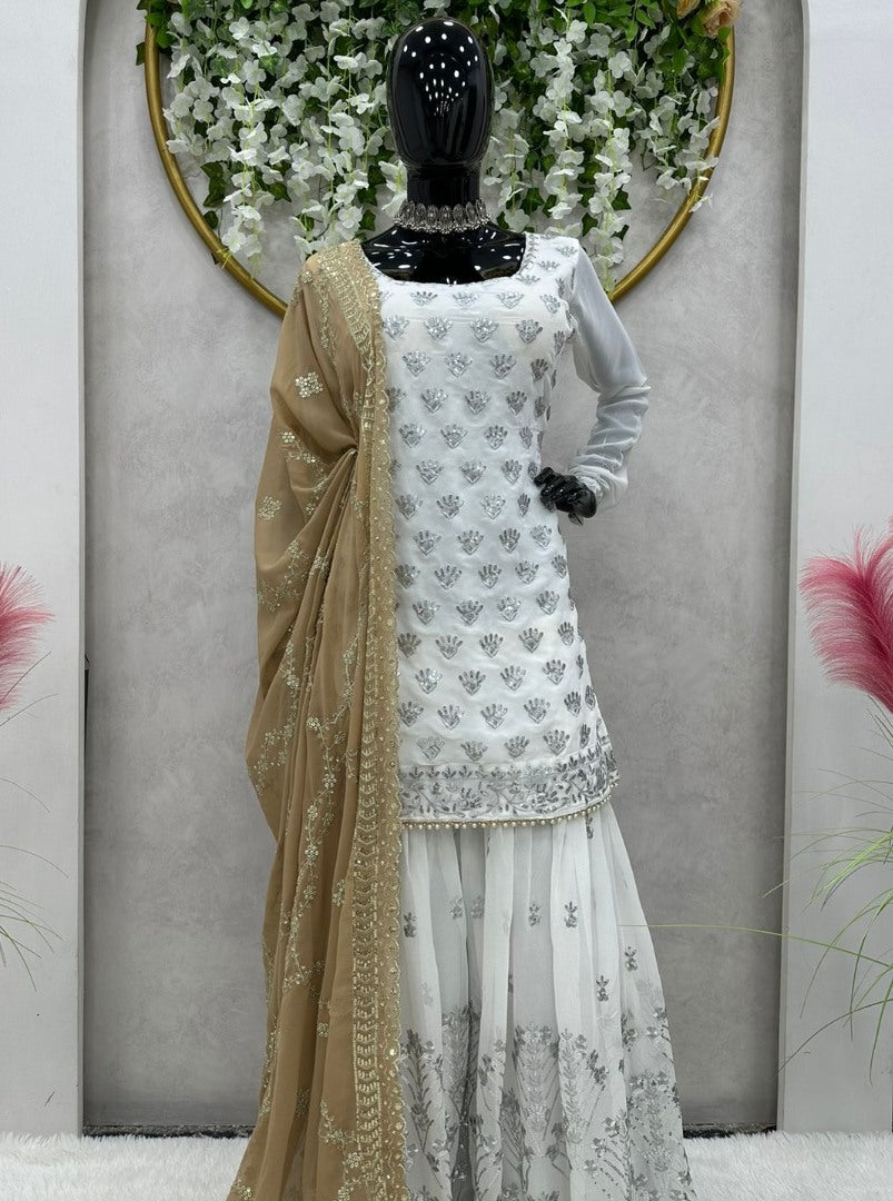 White georgette sharara suit