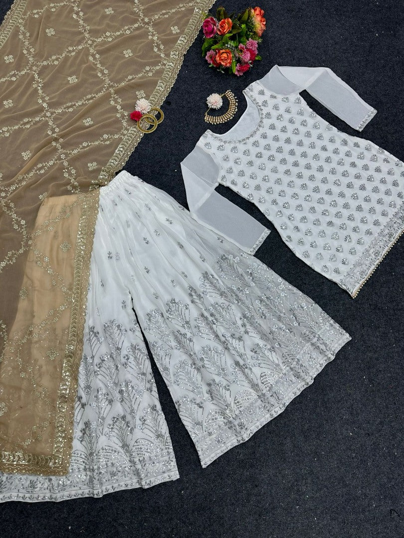 White georgette sharara suit