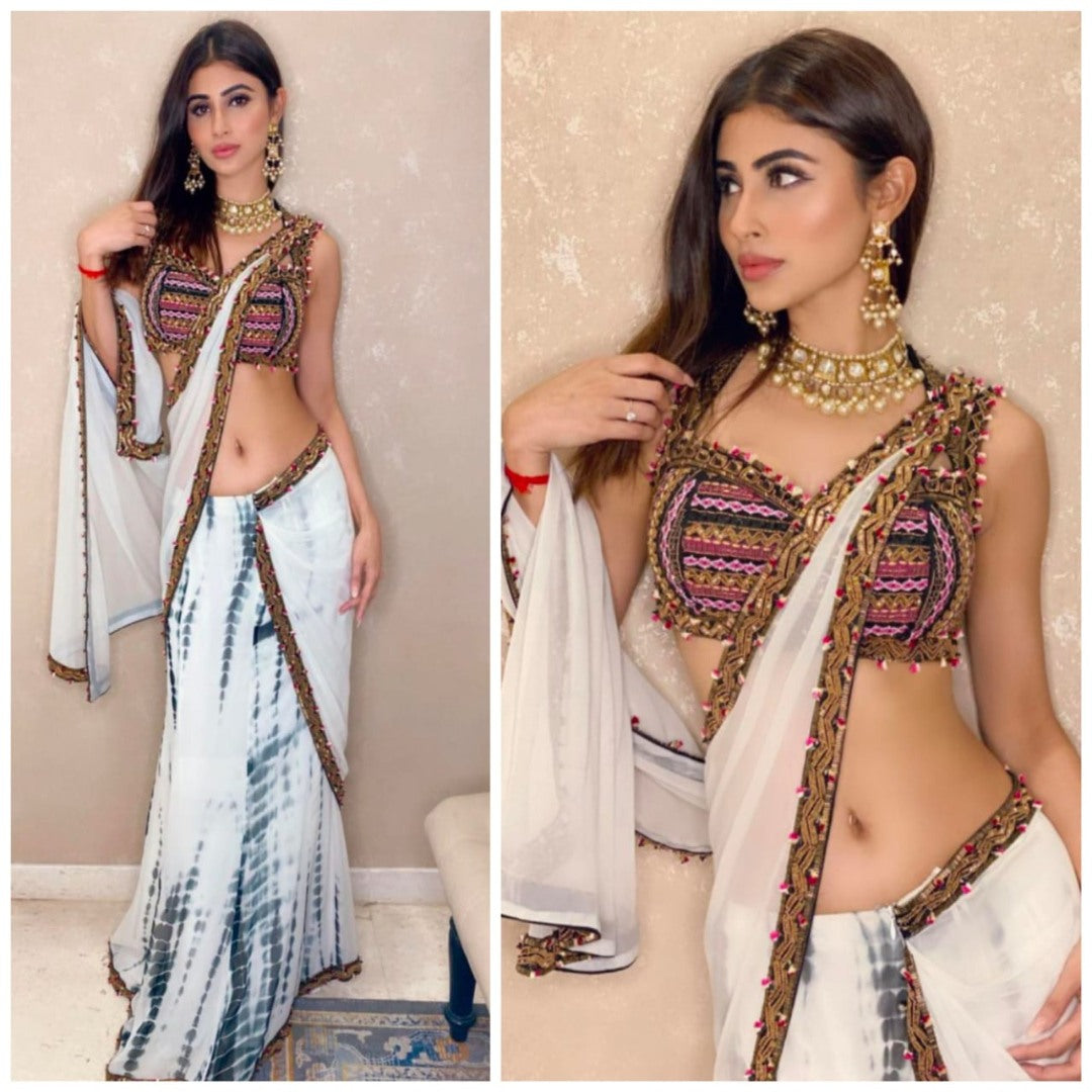 White georgette shibori printed saree with embroidered blouse