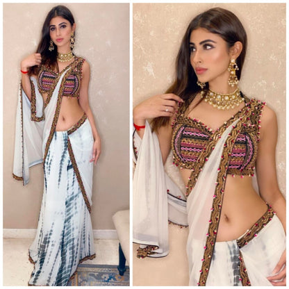 White georgette shibori printed saree with embroidered blouse