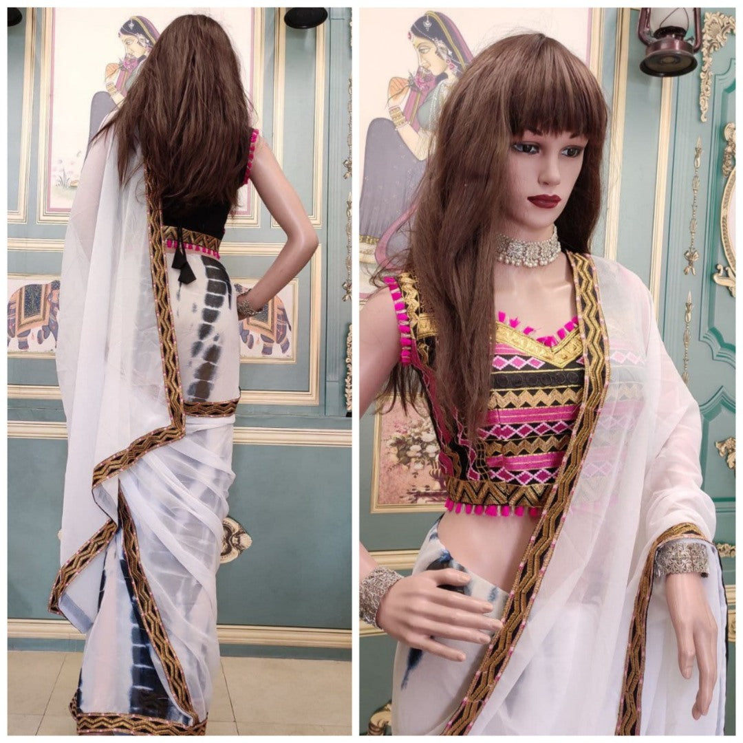 White georgette shibori printed saree with embroidered blouse
