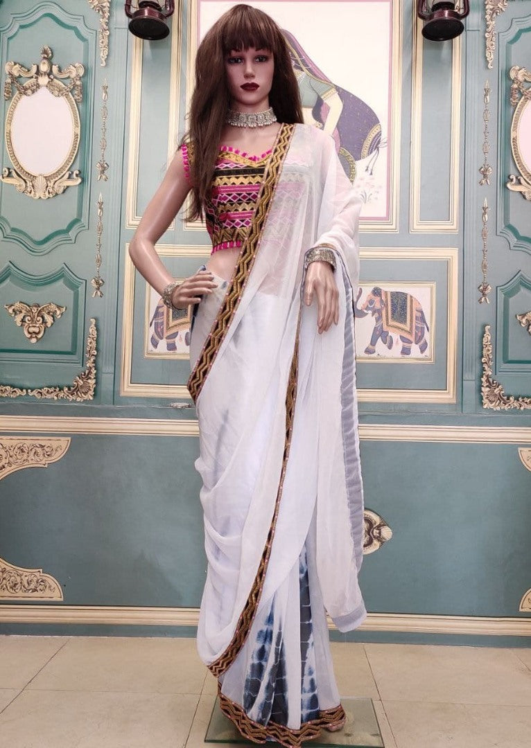 White georgette shibori printed saree with embroidered blouse