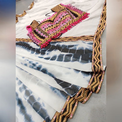 White georgette shibori printed saree with embroidered blouse