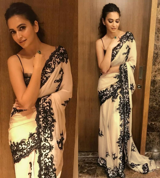 white georgette stylist embroidered bollywood saree