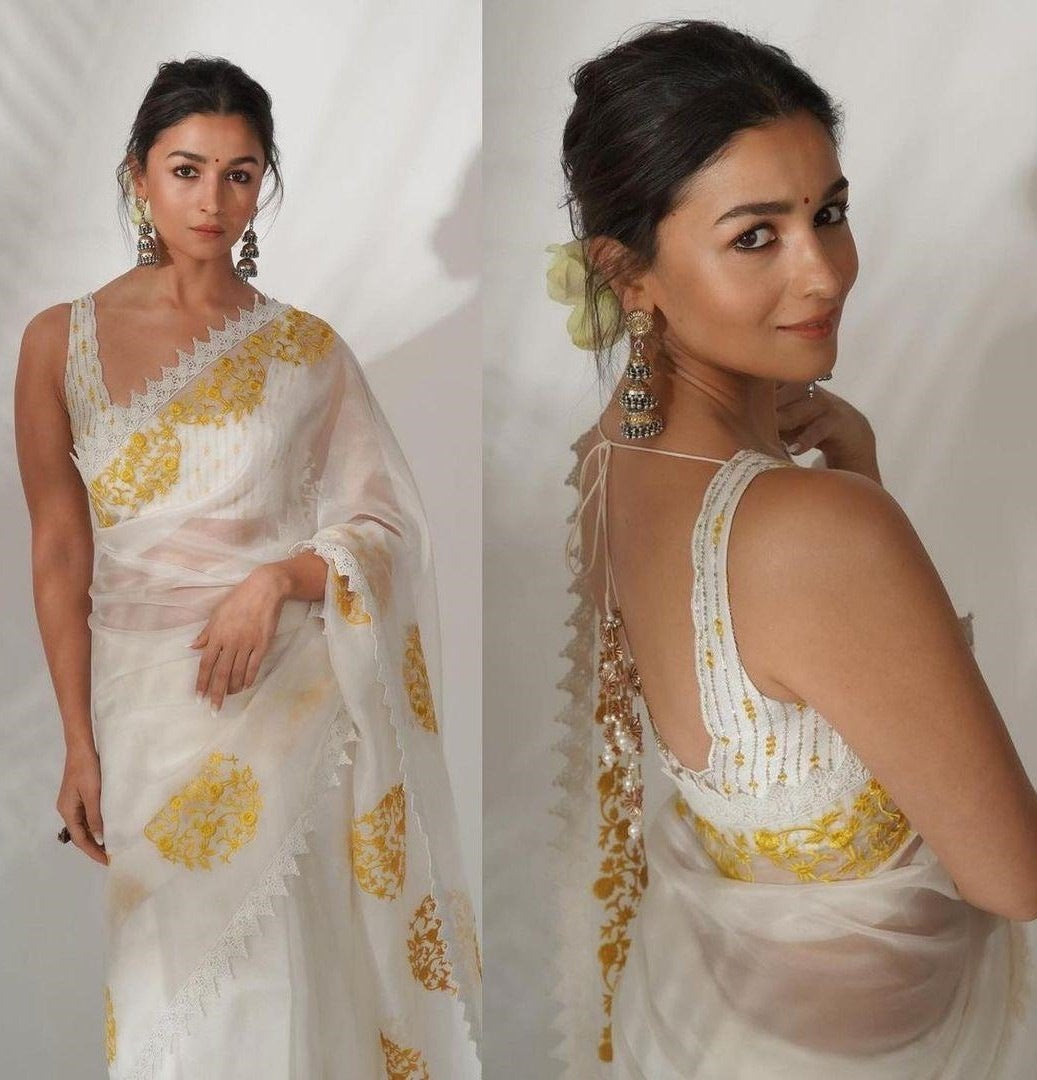 White georgette thread and sequence embroidered saree