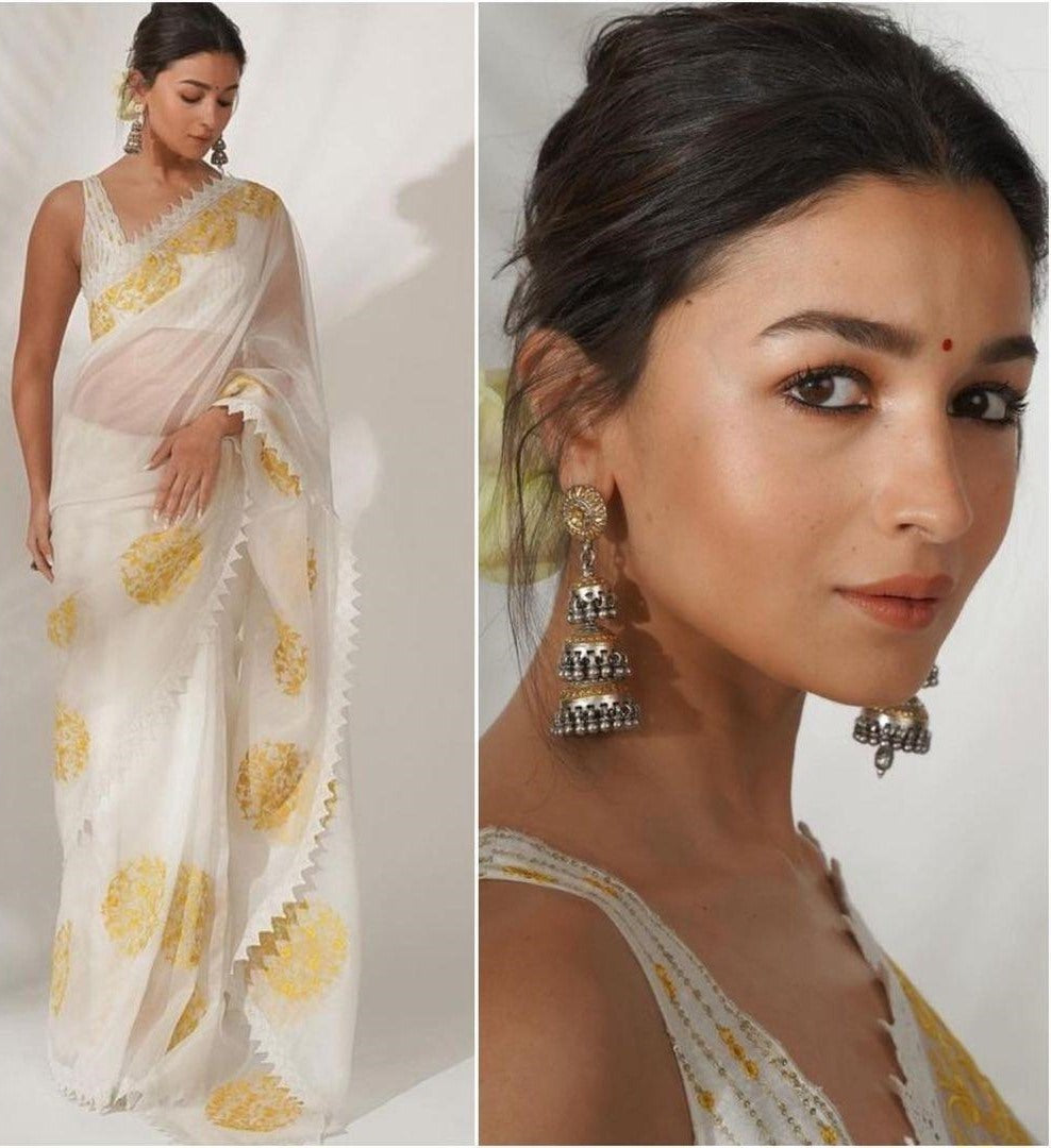 White georgette thread and sequence embroidered saree