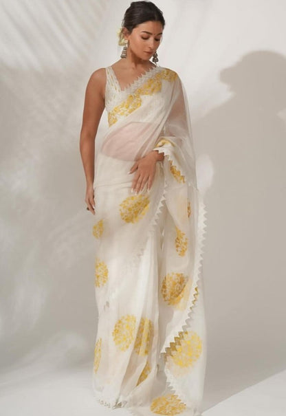 White georgette thread and sequence embroidered saree