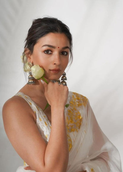 White georgette thread and sequence embroidered saree