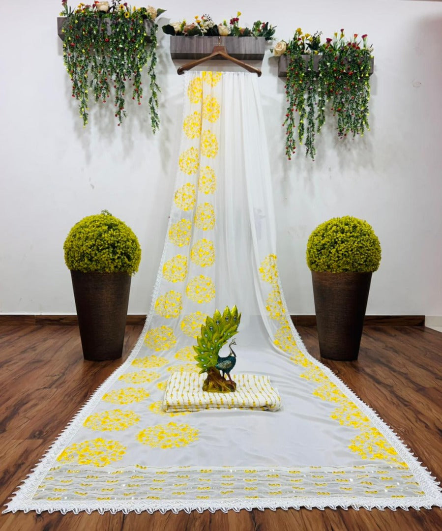 White georgette thread and sequence embroidered saree