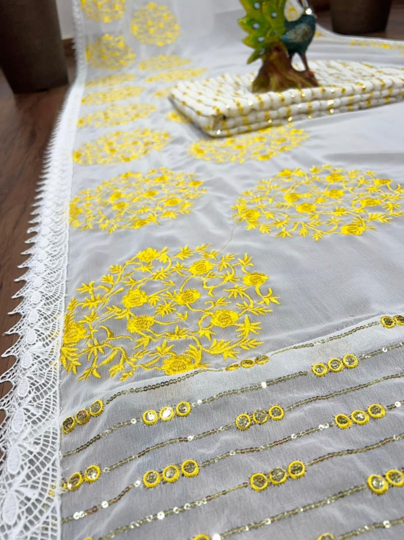White georgette thread and sequence embroidered saree