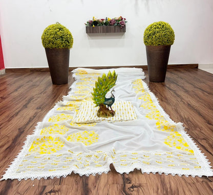 White georgette thread and sequence embroidered saree