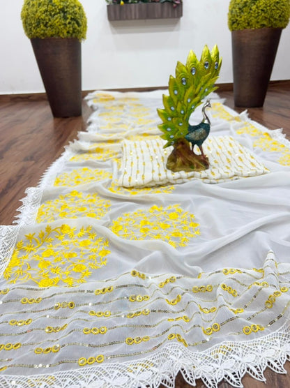 White georgette thread and sequence embroidered saree