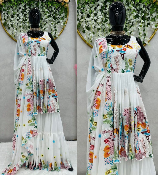 White georgette thread and sequence embroidered sharara salwar suit