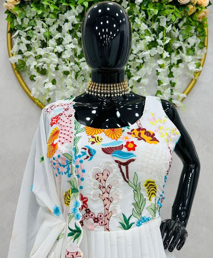 White georgette thread and sequence embroidered sharara salwar suit