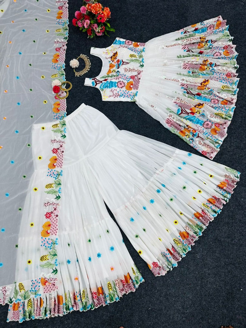 White georgette thread and sequence embroidered sharara salwar suit