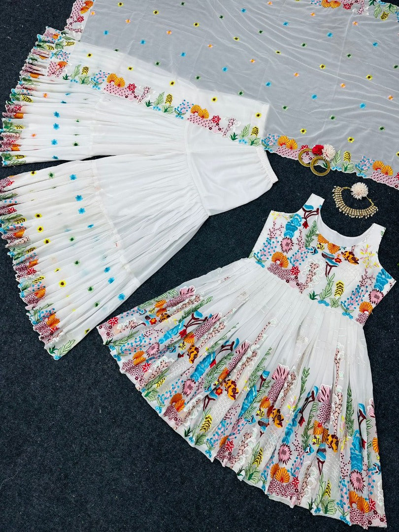 White georgette thread and sequence embroidered sharara salwar suit