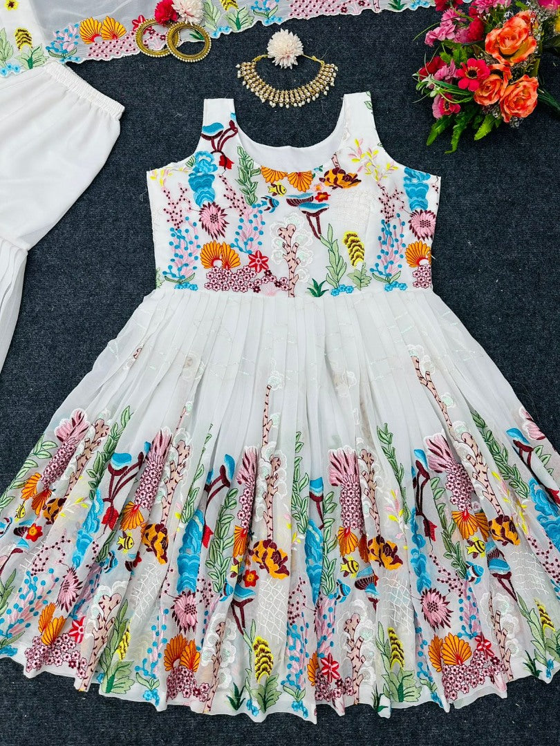 White georgette thread and sequence embroidered sharara salwar suit