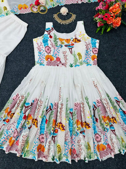 White georgette thread and sequence embroidered sharara salwar suit