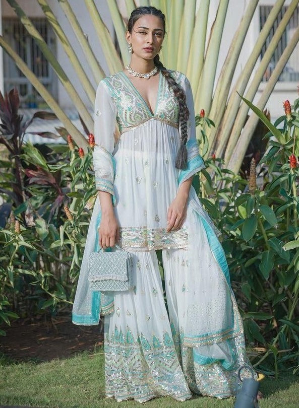 White georgette thread and sequence embroidered wedding sharara suit