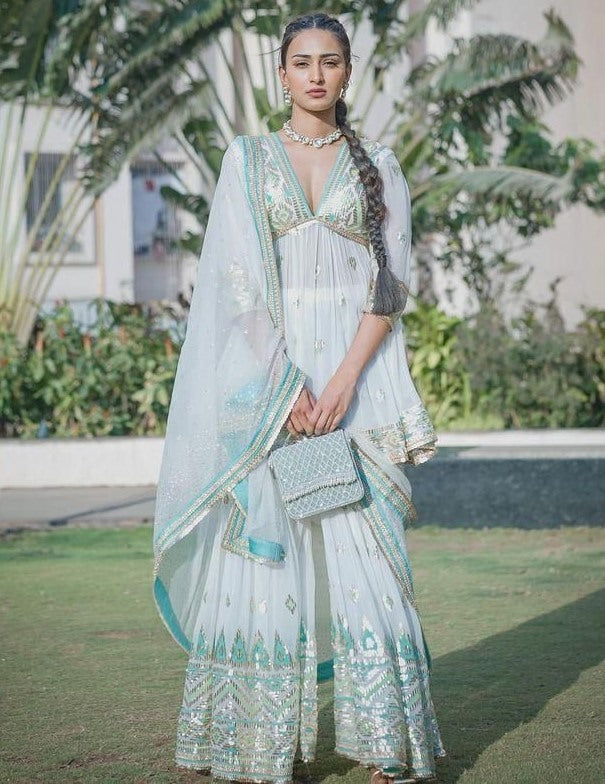 White georgette thread and sequence embroidered wedding sharara suit