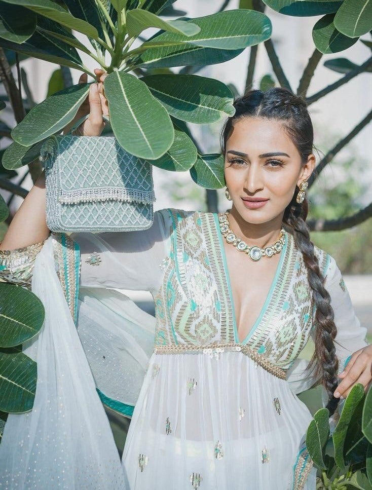 White georgette thread and sequence embroidered wedding sharara suit