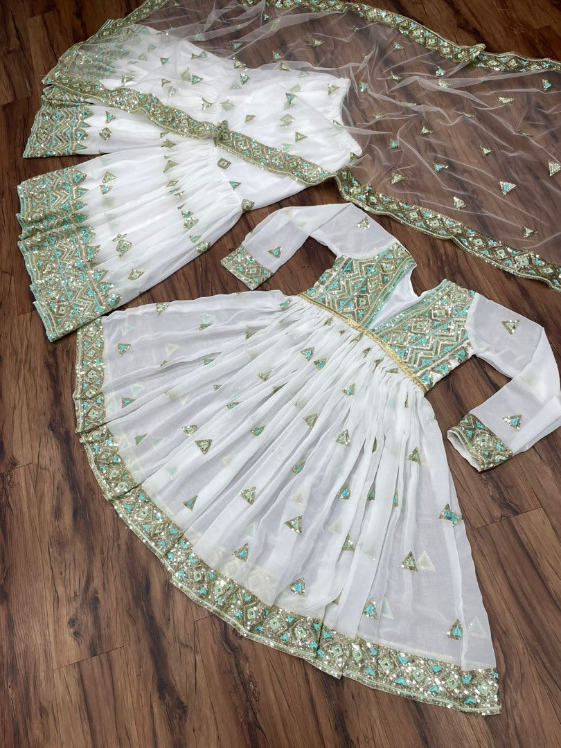 White georgette thread and sequence embroidered wedding sharara suit