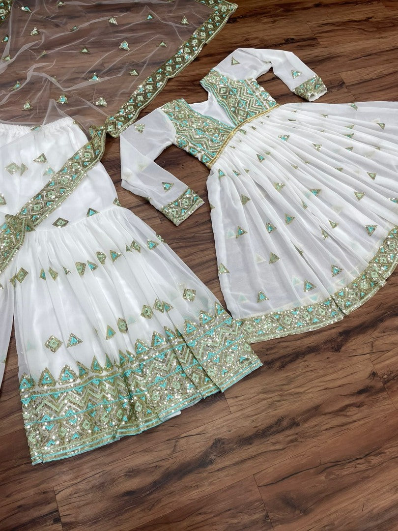 White georgette thread and sequence embroidered wedding sharara suit