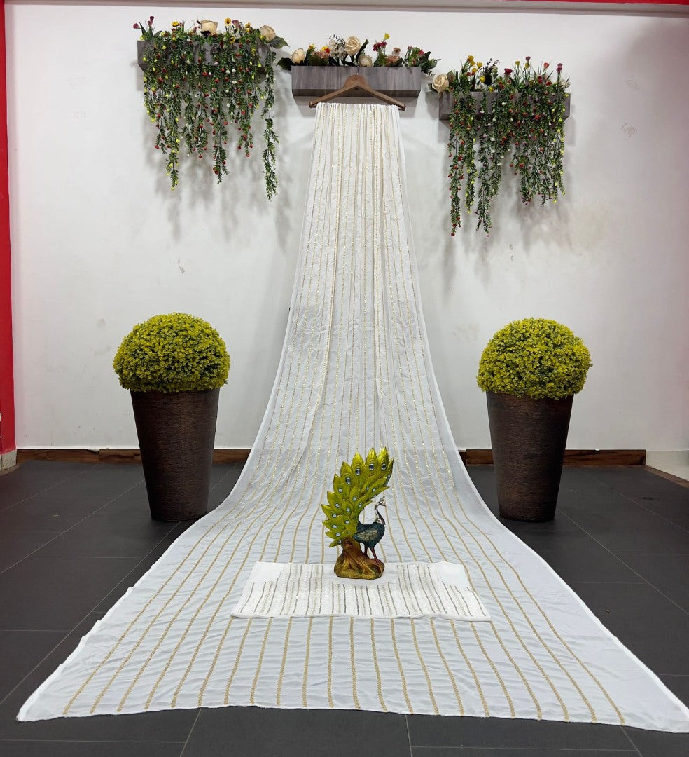 White georgette thread and sequence work party wear saree
